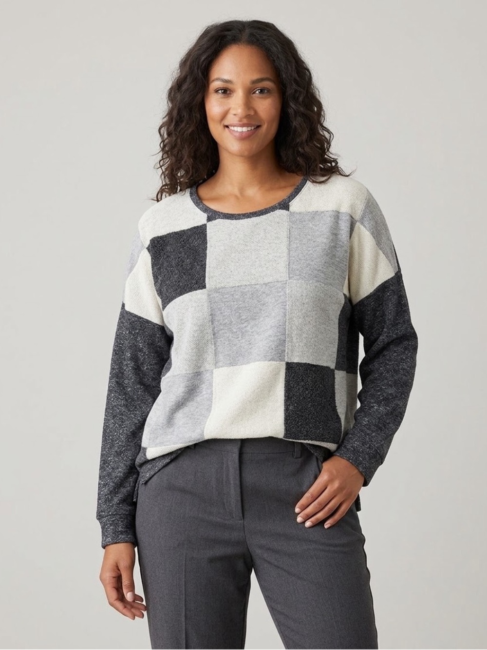 Christopher & Banks Gray Colorblock Patchwork Long Sleeve Top